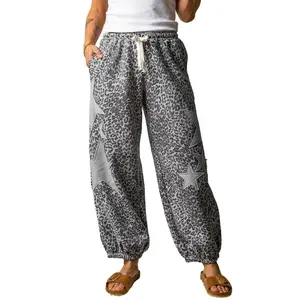 Gray Leopard Print Star Patched Drawstring Elastic Waist Jogger Pants
