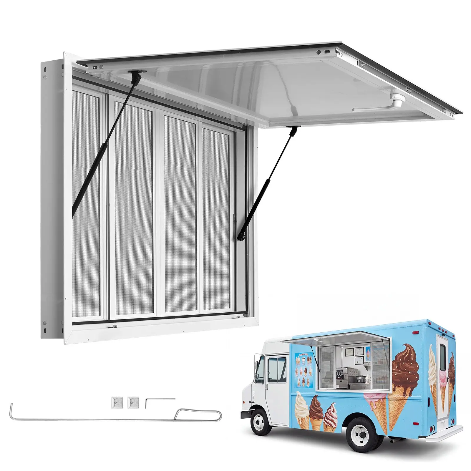 VEVOR Concession Window 60x36 in Aluminum Alloy Frame Service Window, for Food Truck, Up to 85 Degrees Stand Serving with 4 Sliding Screen Windows, Awning Door and Drag Hook, Rainwater Resistant