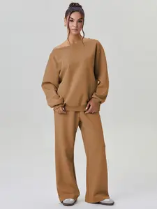 Women's Casual Comfortable Round Neck Loose Plain Asymmetrical Shoulder Long Sleeve Top and Wide Leg Pants Set, Fall & Winter Home Wear Suit