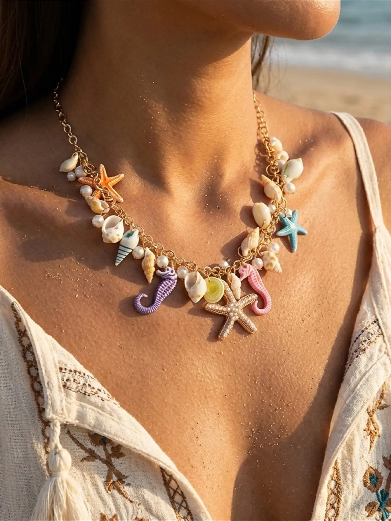 Hawaiian Style Starfish Shell Necklace for Women, Seahorse Pendant Bold Personality Beach Jewelry, Summer Vacation Fashion Accessory