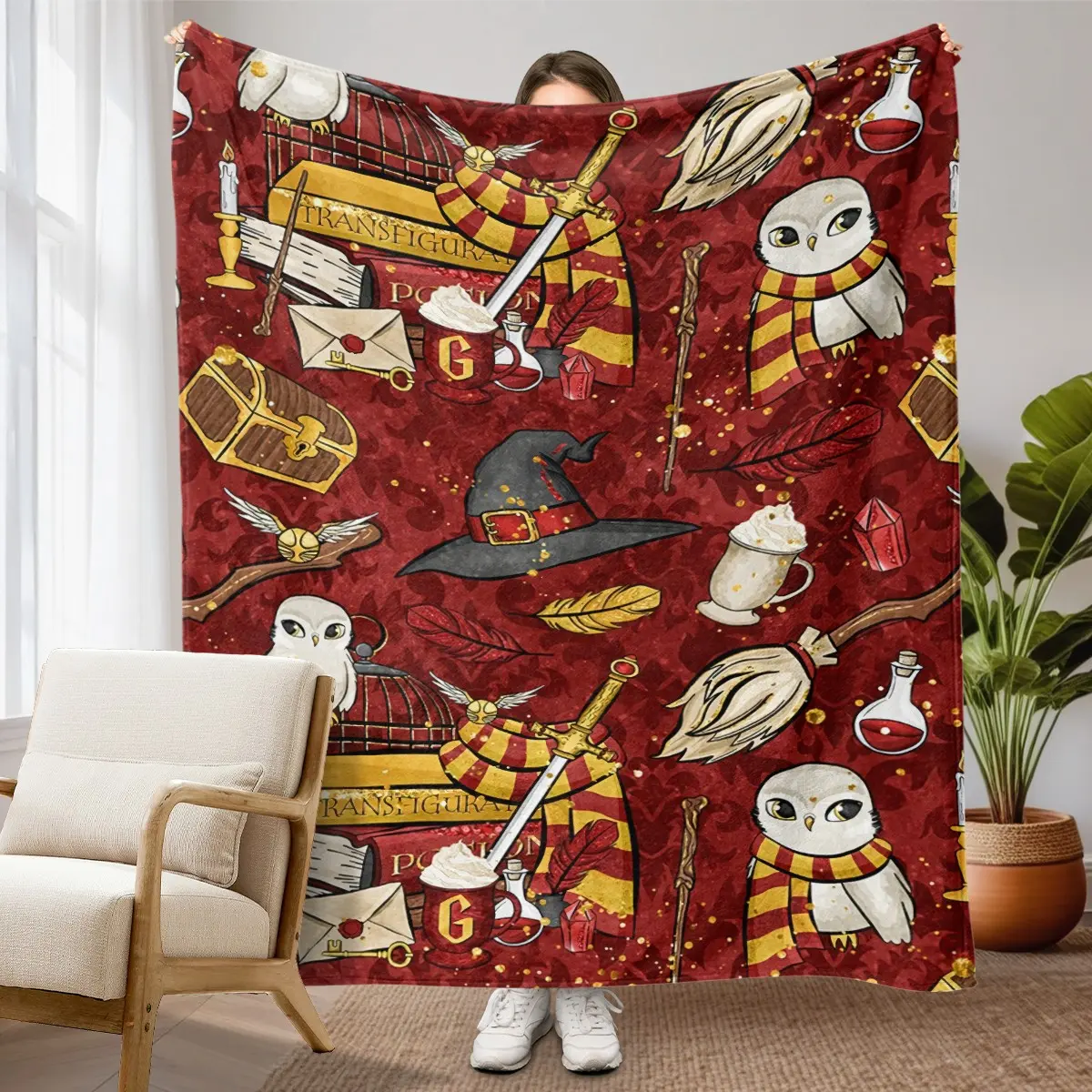 1pc Harry Potter Gryffindor Magic Element Fleece Blanket, Burgundy Background Owl Magic Book Broom Wizard Hat Cartoon Print, Soft Warm Nap Throw For Sofa, Bed, Office, Camping, Perfect Christmas Gift