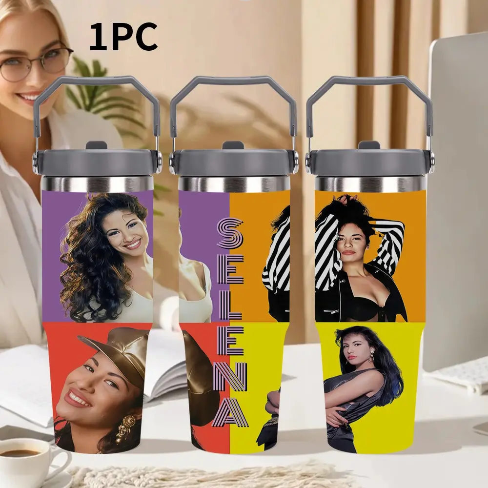 1pc 30oz/20oz Stainless Steel Insulated Tumbler, Selena Pattern Design, Portable Leak-Proof Travel Mug, Ideal for Sports, Gym