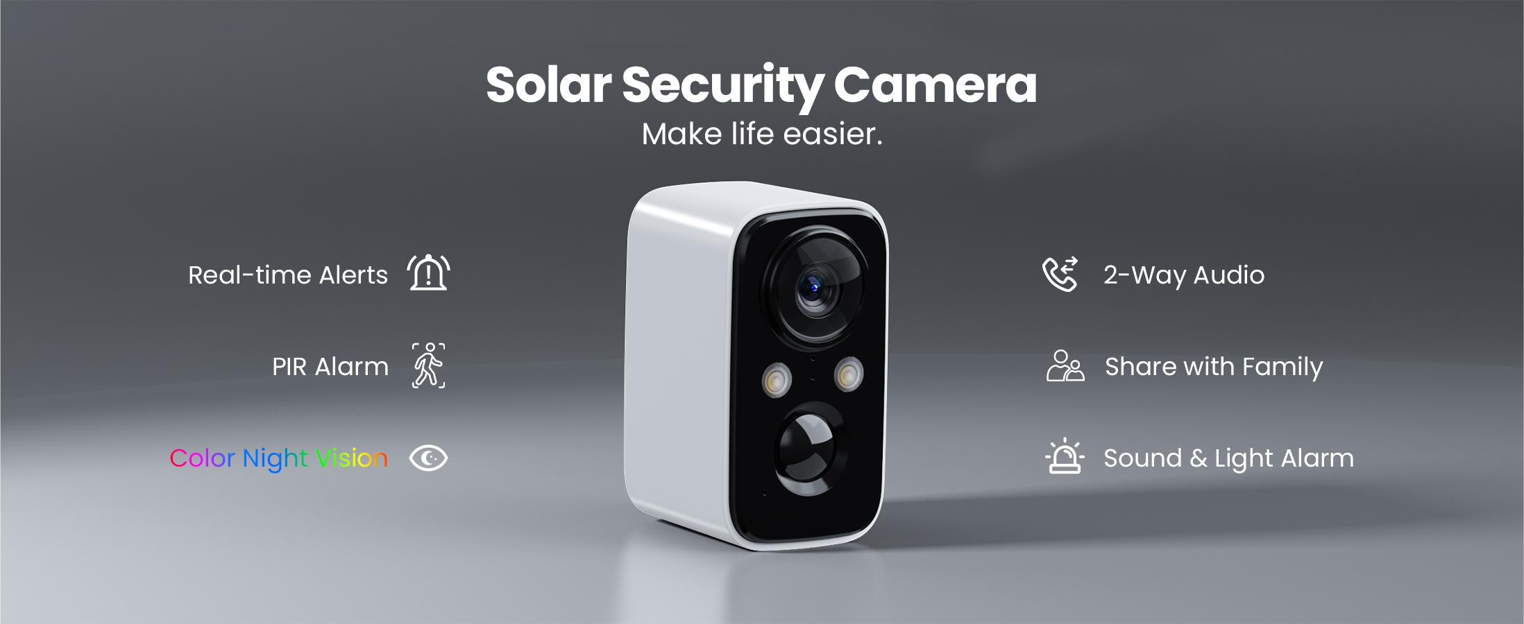 Wireless Solar-Powered Outdoor Security Camera with Battery Backup - WiFi Home Surveillance System with Floodlight, Color Night Vision, Motion Sensor Alarm, and Door Monitoring (Indoor/Outdoor Use)