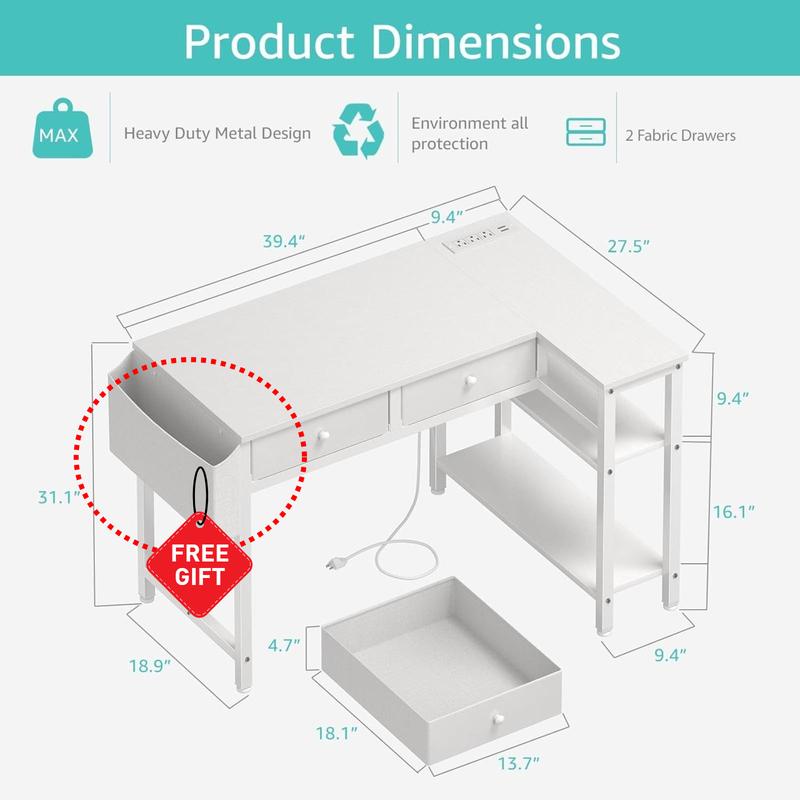 White L Shaped Desk with Drawers & Storage Shelves, 40 Inch Small Corner Desk with Power Outlet for Small Space Home Office, Study Work PC Desks for Bedroom, Get Free Gift