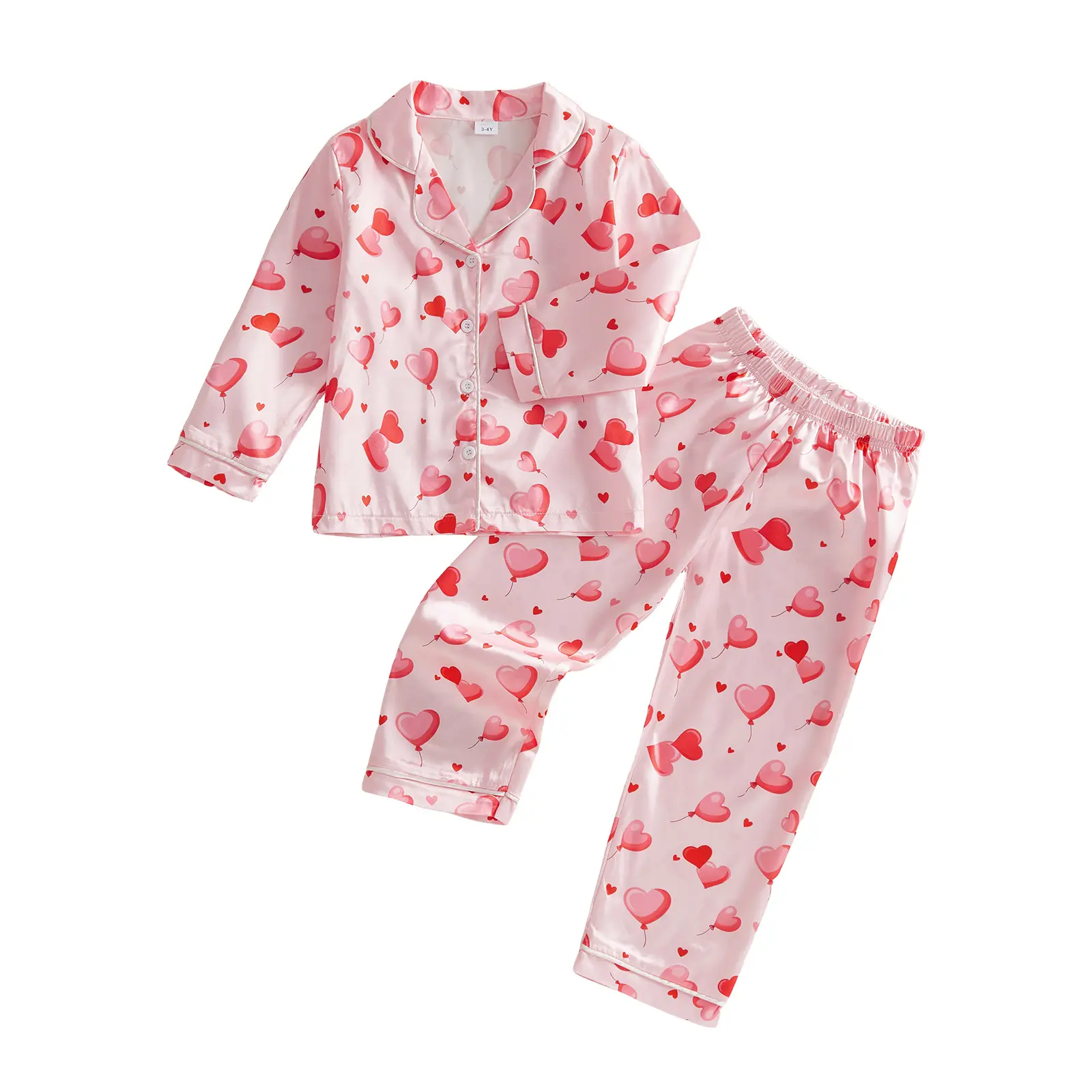 Kids Baby Girls Satin Pajamas Set Valentines Heart Print Pajamas Button Shirt Pj Pants Toddler 2 Piece Pjs Sleepwear