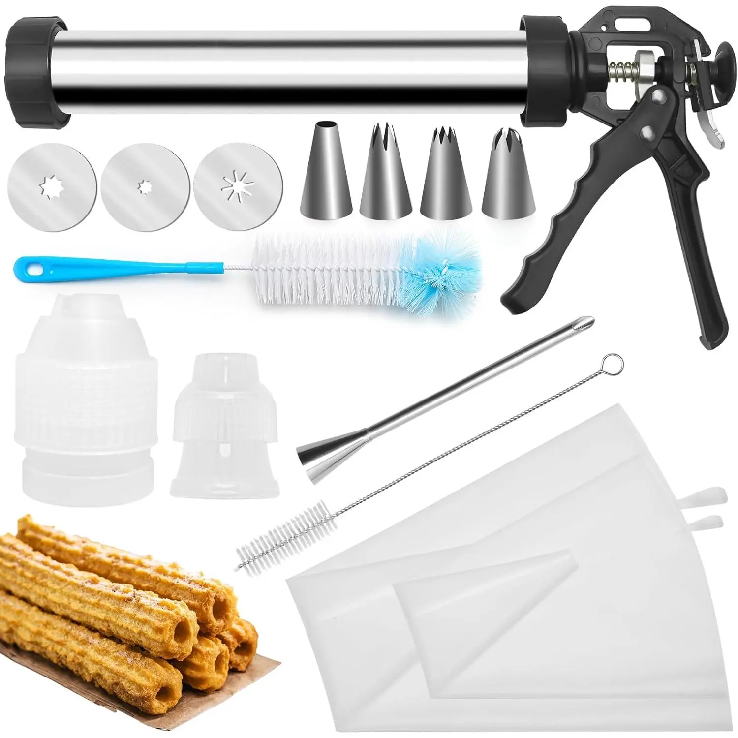 Churro Maker Machine, Churro Maker Kits Including Stainless Steel Churro Maker, Piping Bag with Churro Piping Tip, 4 Nozzles, 2 Brushes, 3 Discs for Homemade Different Shape Churros Cookie