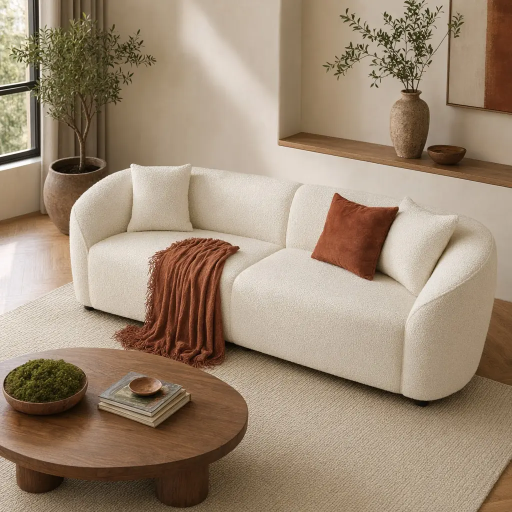 87 in.Curved Bouclé Sofa, Beige Upholstered – Ergonomic & Plush, Durable Frame – Assembled Contemporary Living Room Couch