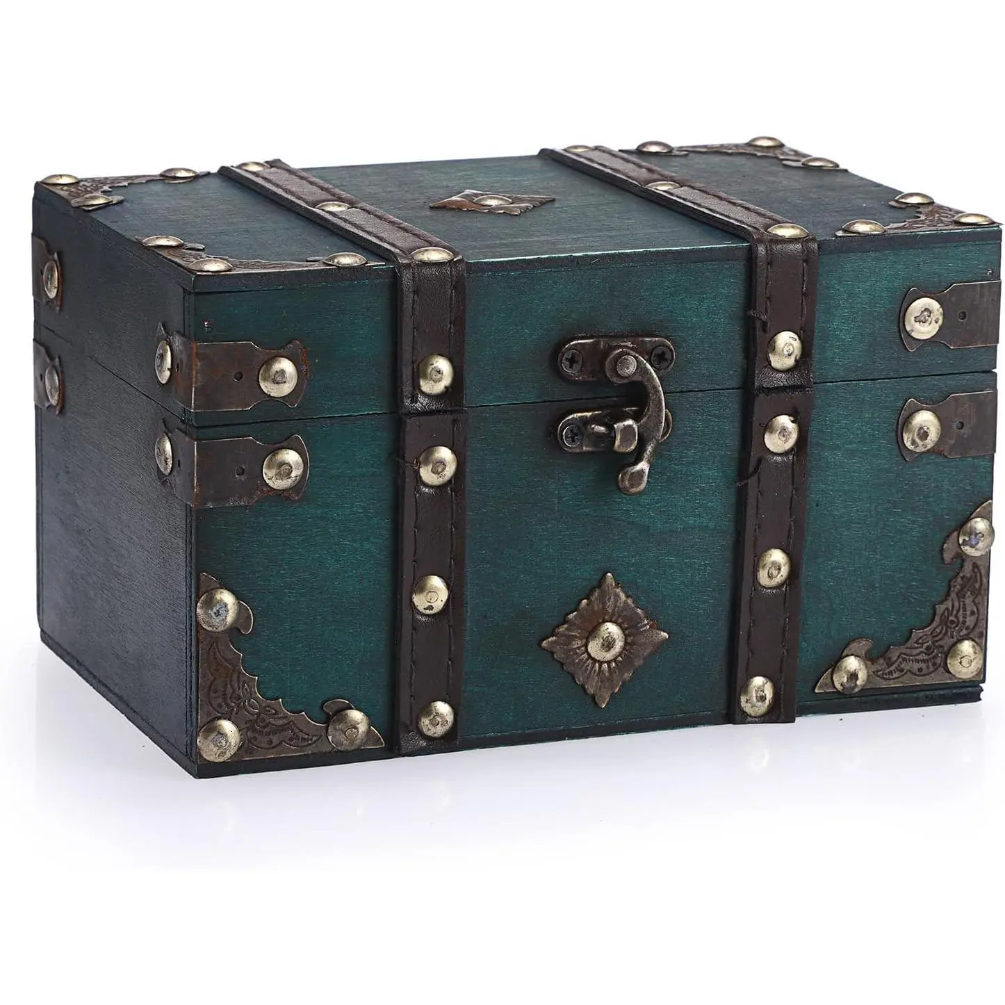 Vintage Treasure Chest, Pirate Keepsakes Box for Gifts, Wooden Storage Box, Green Decorative Container for Jewelry, Pearl Trinkets, Tarot Cards, Small