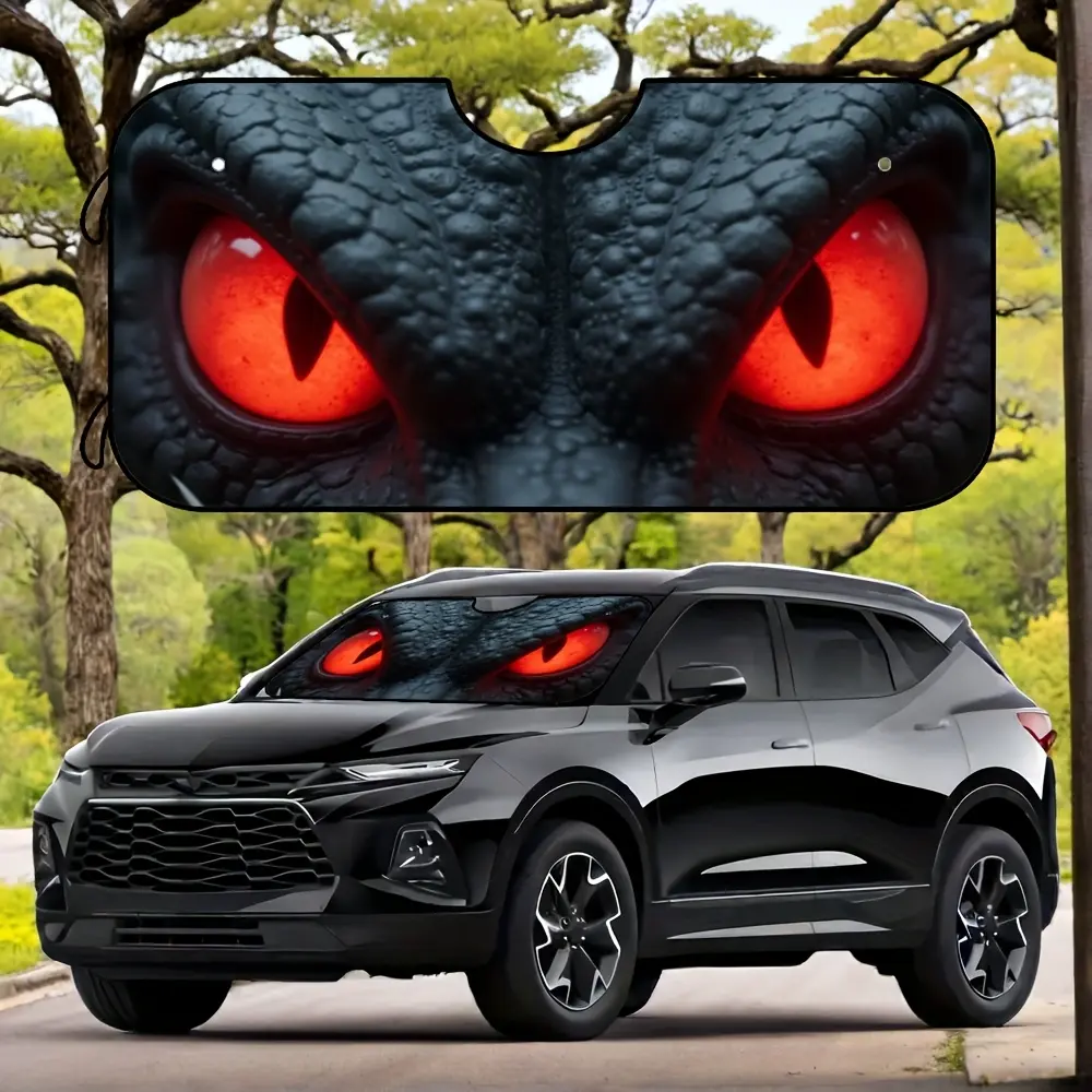 1pc a Foldable Car Sunshade Featuring a Red-Eyed Alien Design, Providing UV Protection And Heat Blocking. It Comes with Four Suction Cups, Is Made of Polyester Fiber for Easy Storage, And Fits Most Vehicles As an Auto Interior Accessory