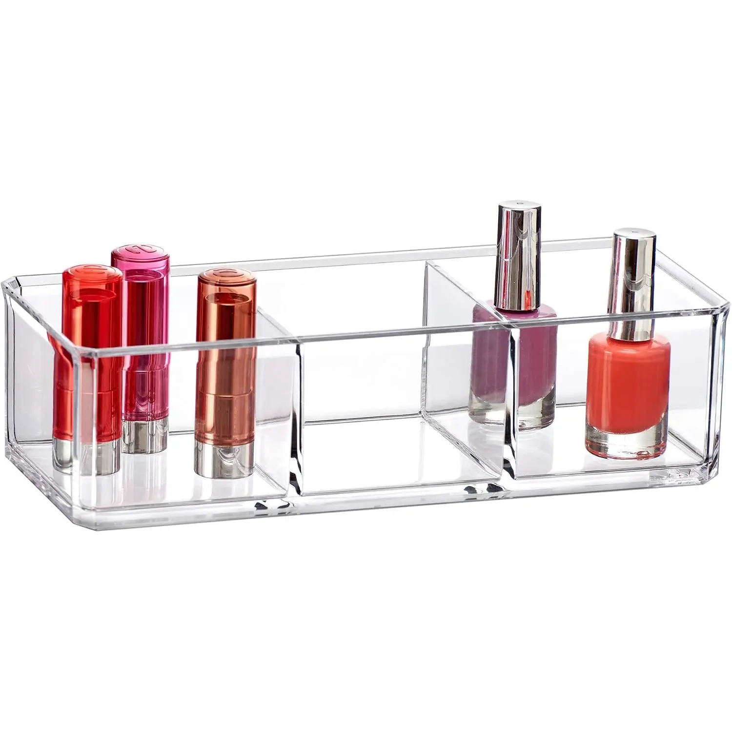 Glamour -  3-Compartment Makeup Organizer, Transparent Plastic Lipstick Holder,  Bathroom  Storage Solution for Lipsticks,  Polishes, and