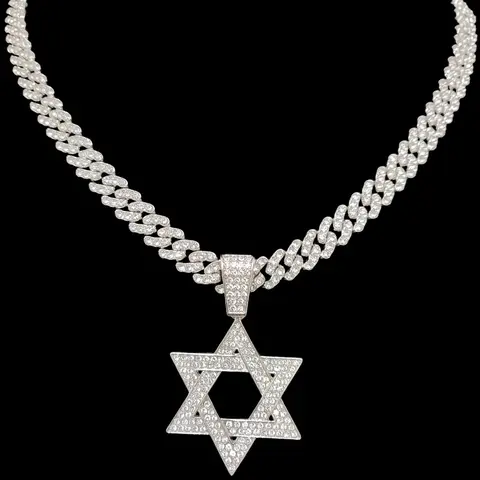 Men Hip Hop Vintage Hexagram Pendant Necklace, Full Iced Out Bling Bling Cuban Link Chain Stree Style Punk Rapper Jewelry, Alloy Pendant Necklace