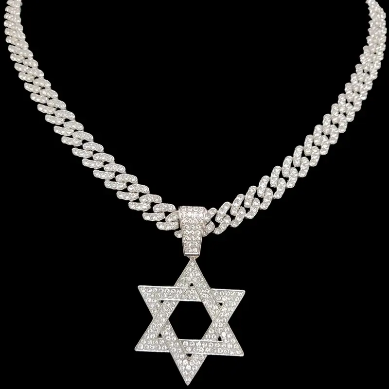 Men Hip Hop Vintage Hexagram Pendant Necklace, Full Iced Out Bling Bling Cuban Link Chain Stree Style Punk Rapper Jewelry, Alloy Pendant Necklace