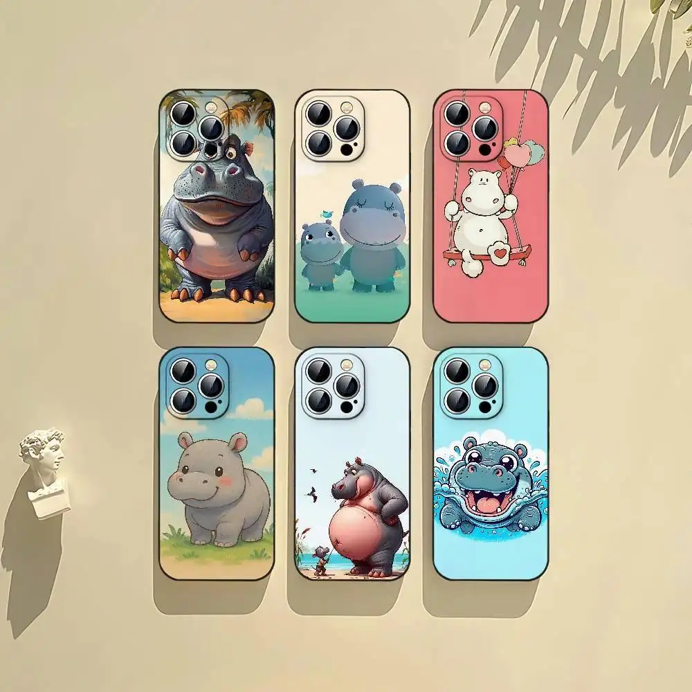 Hippopotamus Animal Phone Case Cute Wildlife Aesthetic Black Protective Cover Compatible with iPhone 11-17 Pro Max/Plus & Samsung Galaxy S23-S25