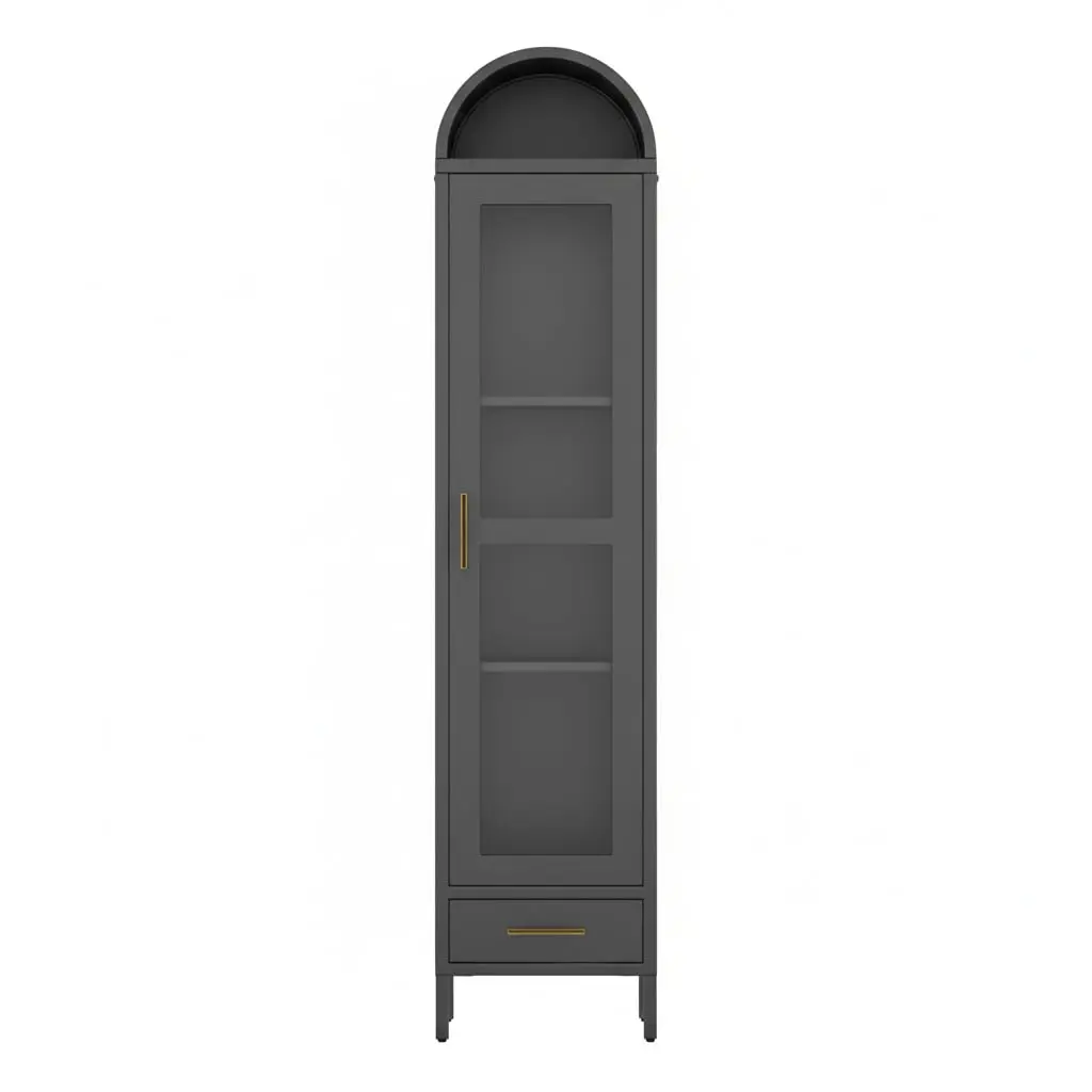 73 In Tall Narrow Arched Bookcase, Metal Arched Storage Cabinet with Glass Door & Drawer, Modern Black Pantry Cabinet for Living Room, Kitchen, Office