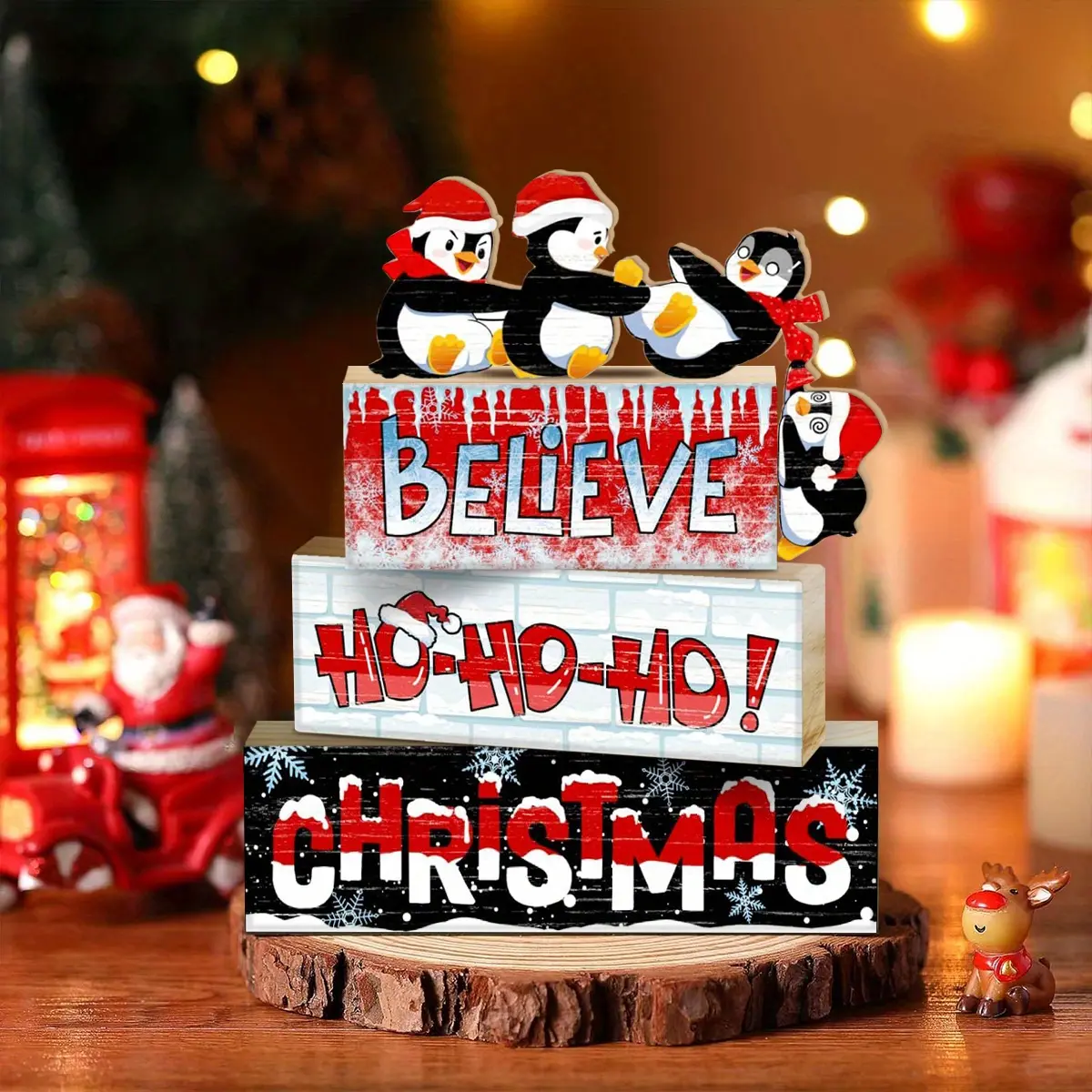 4-Piece Rustic Christmas Table Centerpieces, Tiered Tray Decor, Beautiful All-Year Seasonal Decor, Block Sign Gifts for Farmhouse Winter Table Decor, Perfect Keepsakes for Baby's First Christmas