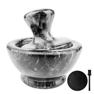 Marble Mortar and Pestle Set, 4 inch 1/2 Cup Stone Grinder with Brush Placemat for Pills Herbs Spices, Easy Grip Fine Grind, Pill Crusher, Black