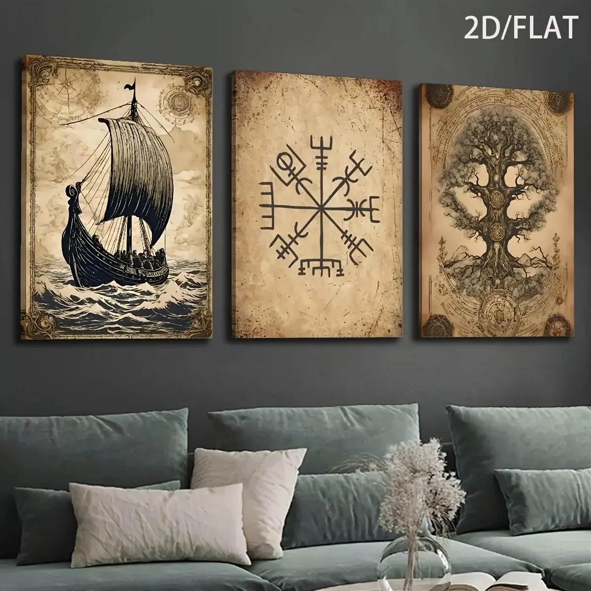 3pcs/set Norse Inspired Canvas Printed Art Set Viking Ship Vegvísir Yggdrasil Motifs Stylish Living Room Decor Retro Style Wall Poster