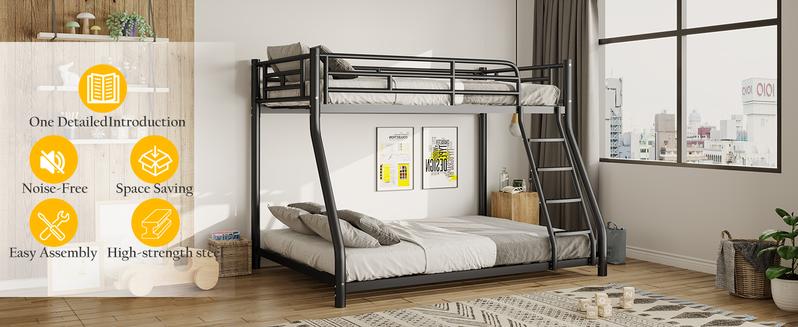 Metal Twin Over Full Size Bunk Bed for Adults & Kids,Twin Over Full Bunk Beds, Low Profile Bunkbeds with Length Guardrail and Ladder, No Box Spring Needed,Space Saving,Black