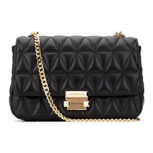 Michael Kors MK Sloan Quilted Crossbody Bag for Women – Lambskin and Leather Blend, Flap Closure, Chain Strap, Medium Size, Black