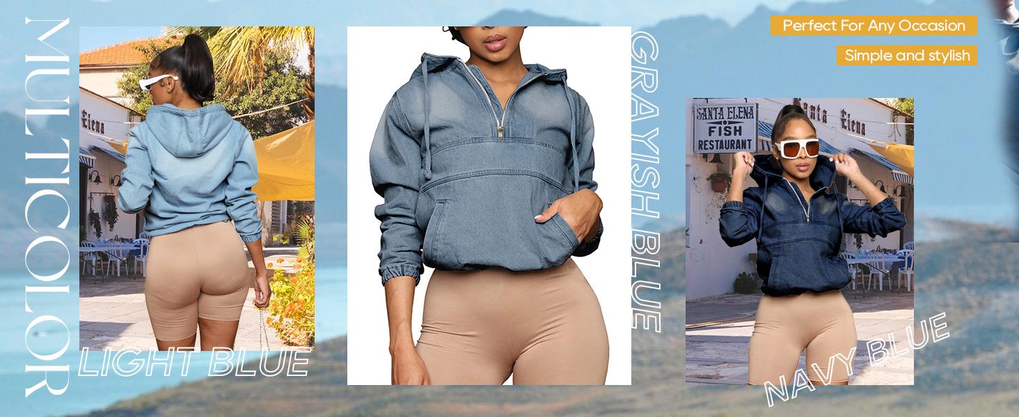 2026 Women's Half Zip Denim Hoodie Pullover Jackets Jean Tops