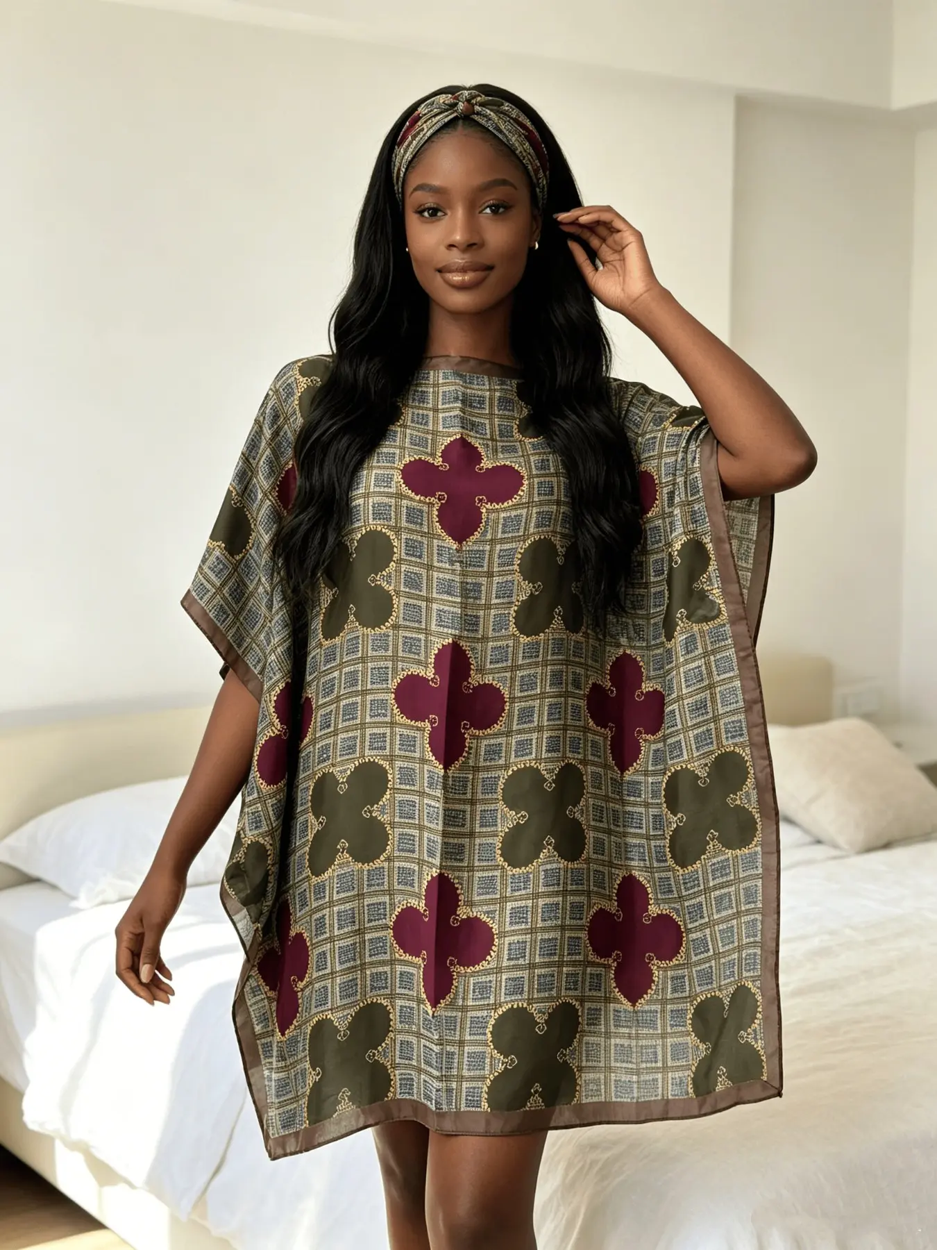 Women's Short Kaftan Dress Plus Size Satin Silky Loose Batwing Cover Up, One Piece Mini Caftan Tunic, Bohemian Ethnic Print Oversized Beach Kimono, Loungewear Nightgown Casual Resort Pool Vacation Dress for Curvy Women