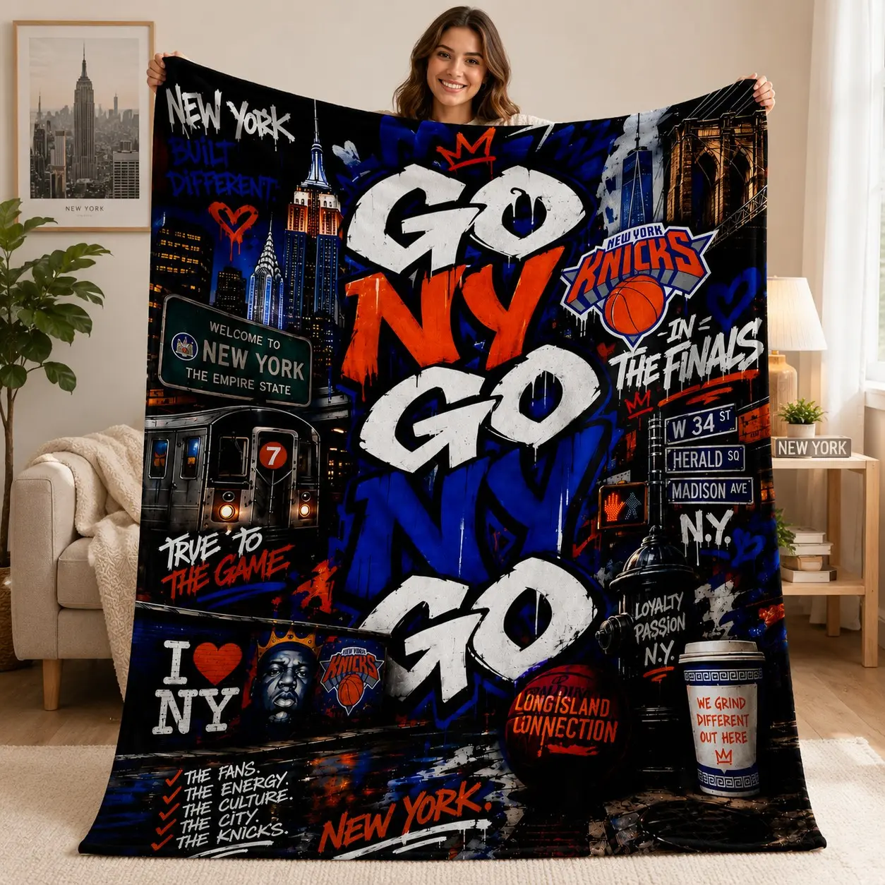 New York Knicks Basketball Flannel Throw Blanket, Soft Cozy Warm Fleece, Home Decor, Halloween Gift, Couch Sofa Bed