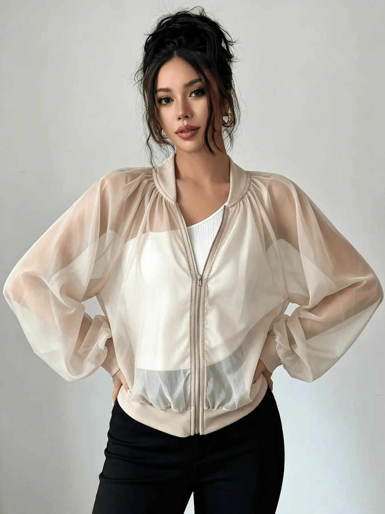 A women's fashionable apricot translucent jacket, made of lightweight semi transparent fabric, refreshing and breathable lantern long sleeves, suitable for commuting, outdoor play, indoor and outdoor wear