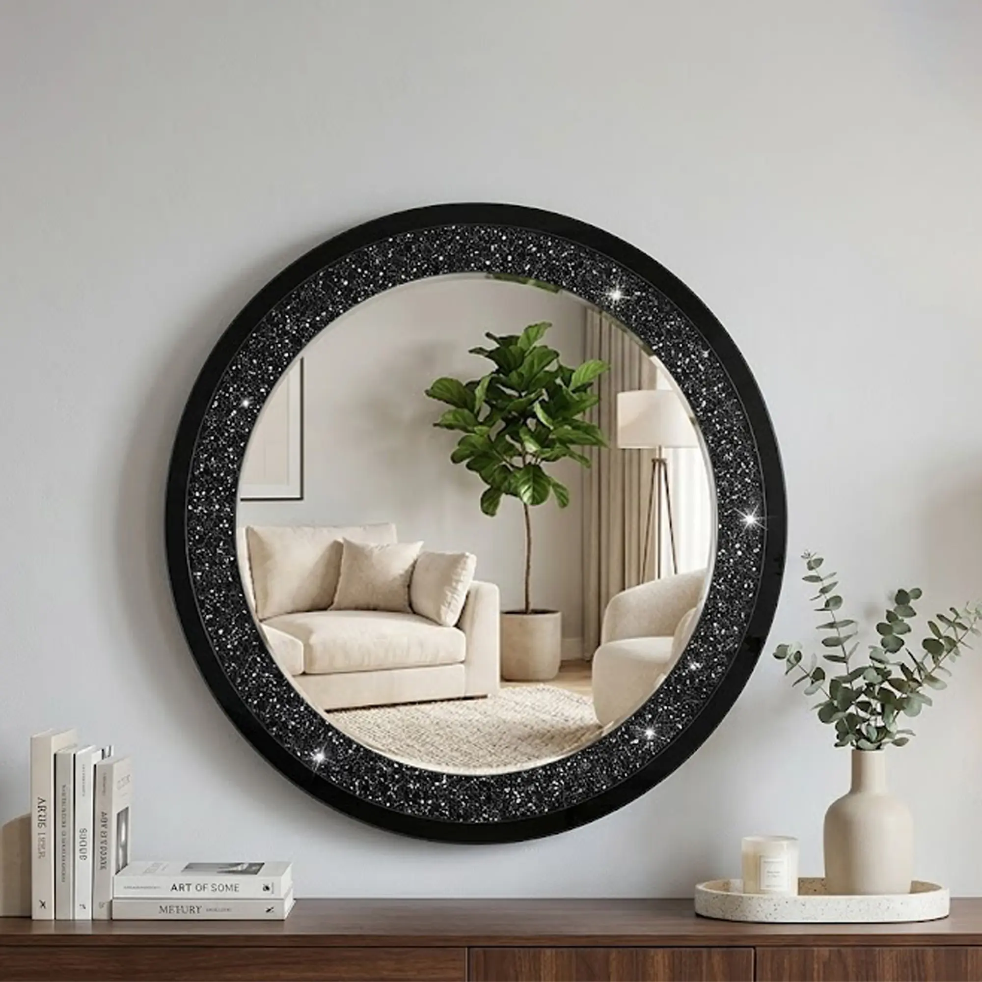 Nokaa Modern Handcrafted Crushed Crystal Round Wall Mirror, High-Quality Multi-Use Decorative Mirror for Living Room Bedroom Entryway, Black Finish, Elegant Home Decor Accent, Wall Hanging Mirror for Vanity, Hallway, Bathroom, Gift Idea, 1 Pack