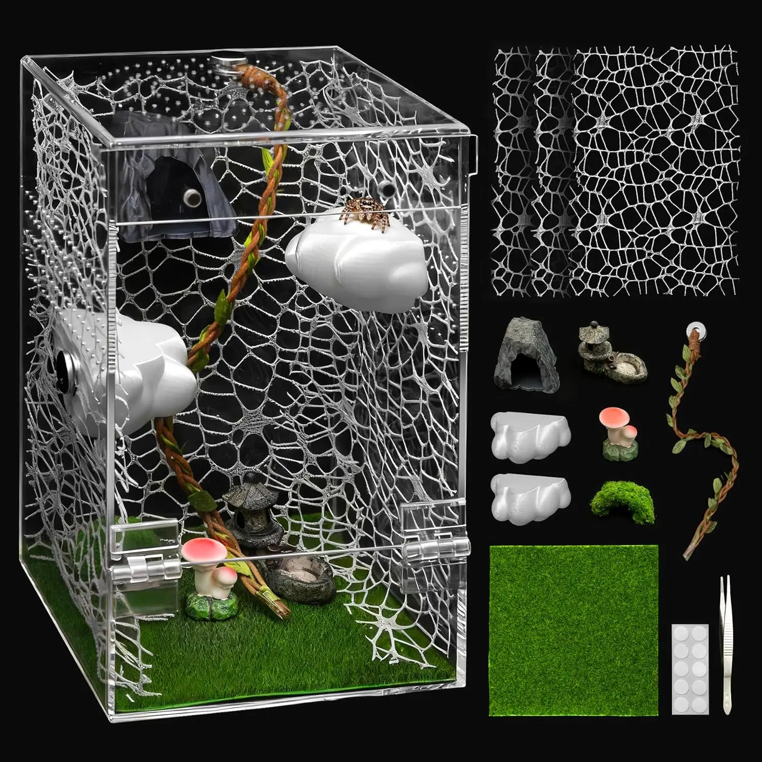 Jumping Spider Enclosure, Escape Proof Acrylic Spider Habitat with Magnetic Front Door, Ventilated Tarantula & Praying Mantis Terrarium for Jumping Spiders, Insects, Snails