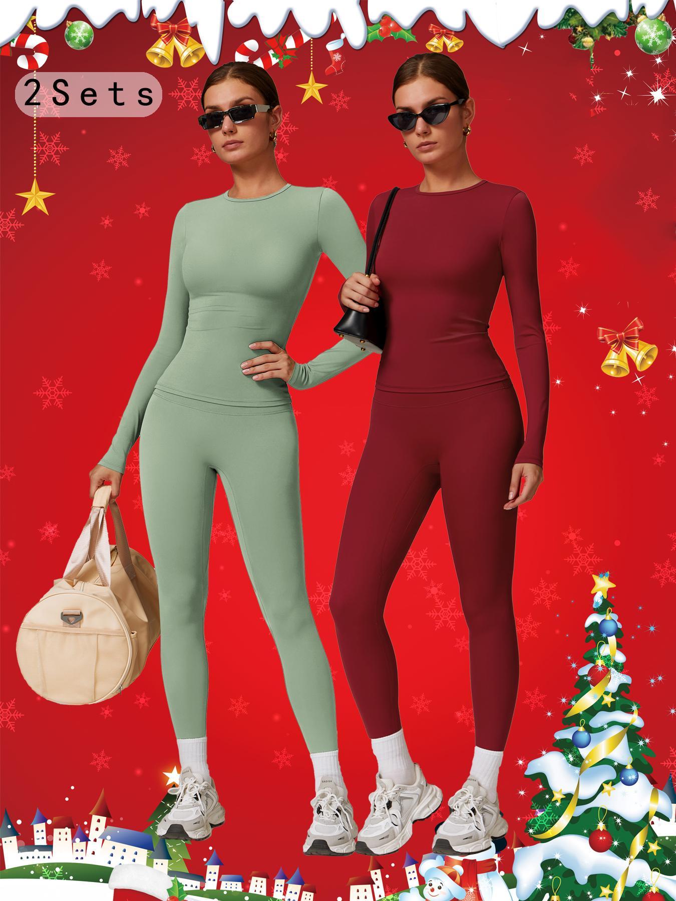 Women's Solid Long Sleeve Skinny Tee & High Waist Leggings Tracksuit Set, Workout Running Clothes, Sporty Breathable Quick Drying Outfits for Gym Workout Running, Ladies Outdoor Yoga Suit for All Seasons, Quick Dry Activewear