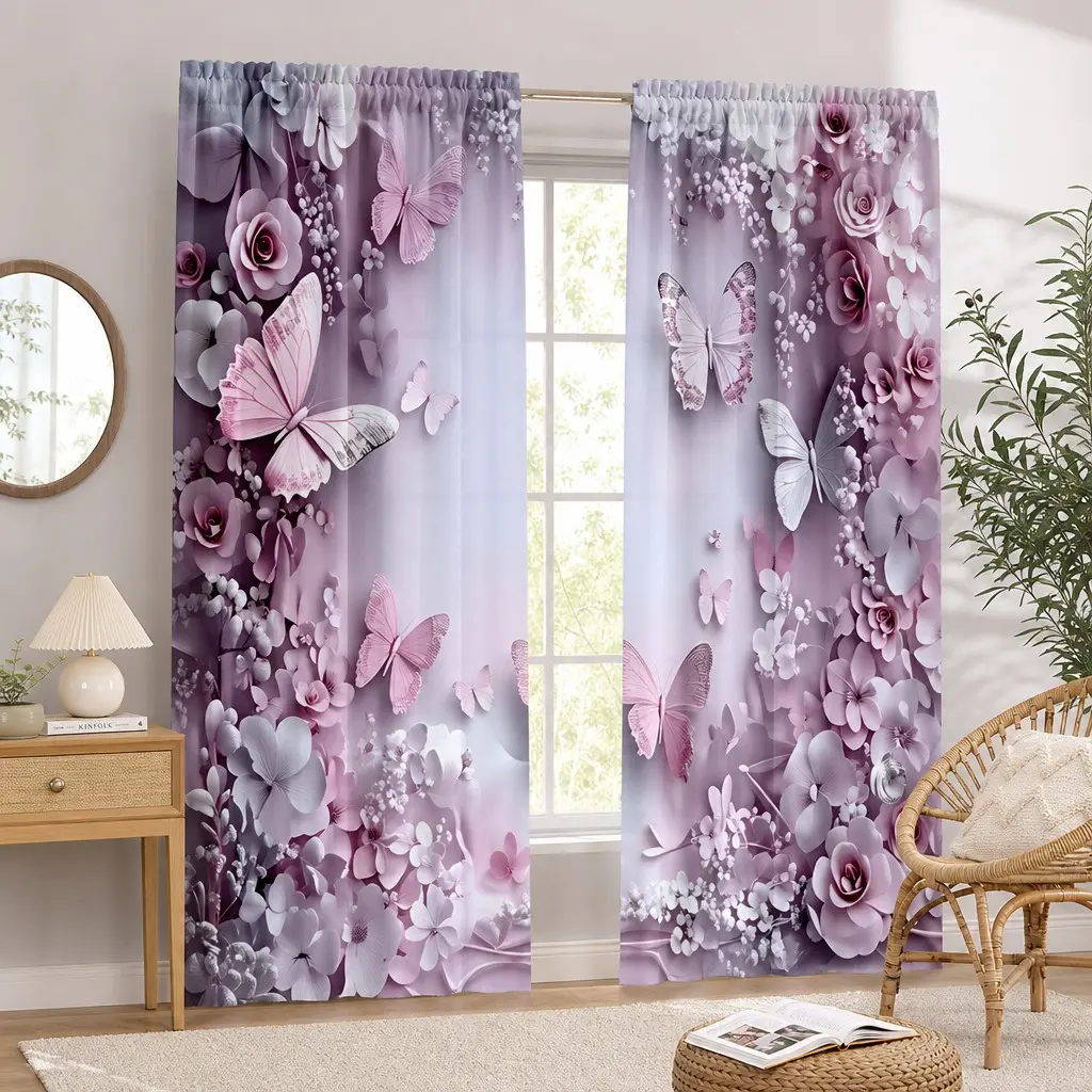 2-Pack Lavender Floral Butterfly Curtains, Romantic Rose Hydrangea Print, Elegant Dreamy, for Bedroom, Living Room, Wedding, Girl's Room