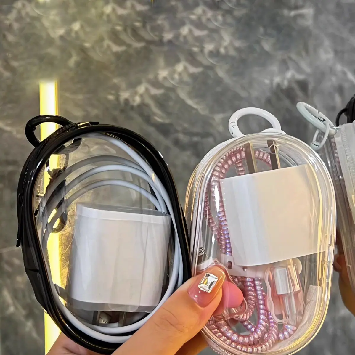 Transparent Plastic Storage Bag, 2 Pack Portable Earbud and Cable Organizer, Durable Mini Electronic Earbud Travel Case with Keychain Accessory, Headphone Accessories