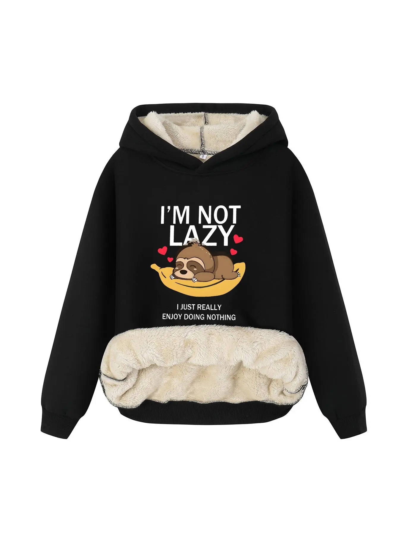 Women's Letter & Sloth Print Plush Hoodie, Casual Long Sleeve Thermal Lined Hooded Sweatshirt for Fall & Winter, Women Clothes for Daily Wear, Graphic Hoodies, Cute Animal Sweatshirt, Funny Sweatshirt, Everyday Hoodie, Fall Winter Clothing