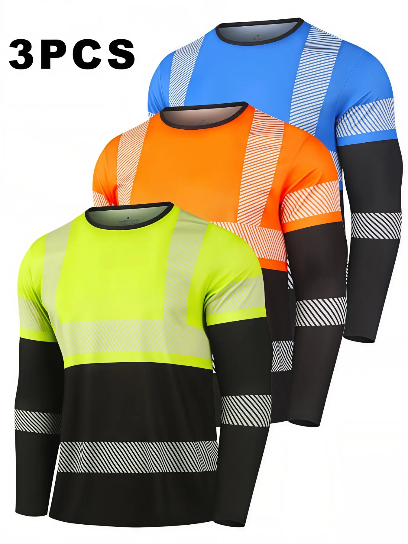 Unbranded Industrial Workwear Style Men Long Sleeve Shirts, Construction Gear, Breathable Skin-friendly Stretchy Fabric, High Visibility Reflective Strip Safety Tee 3 Packs, for Construction Road Maintenance Job, Daily Work Safety Apparel