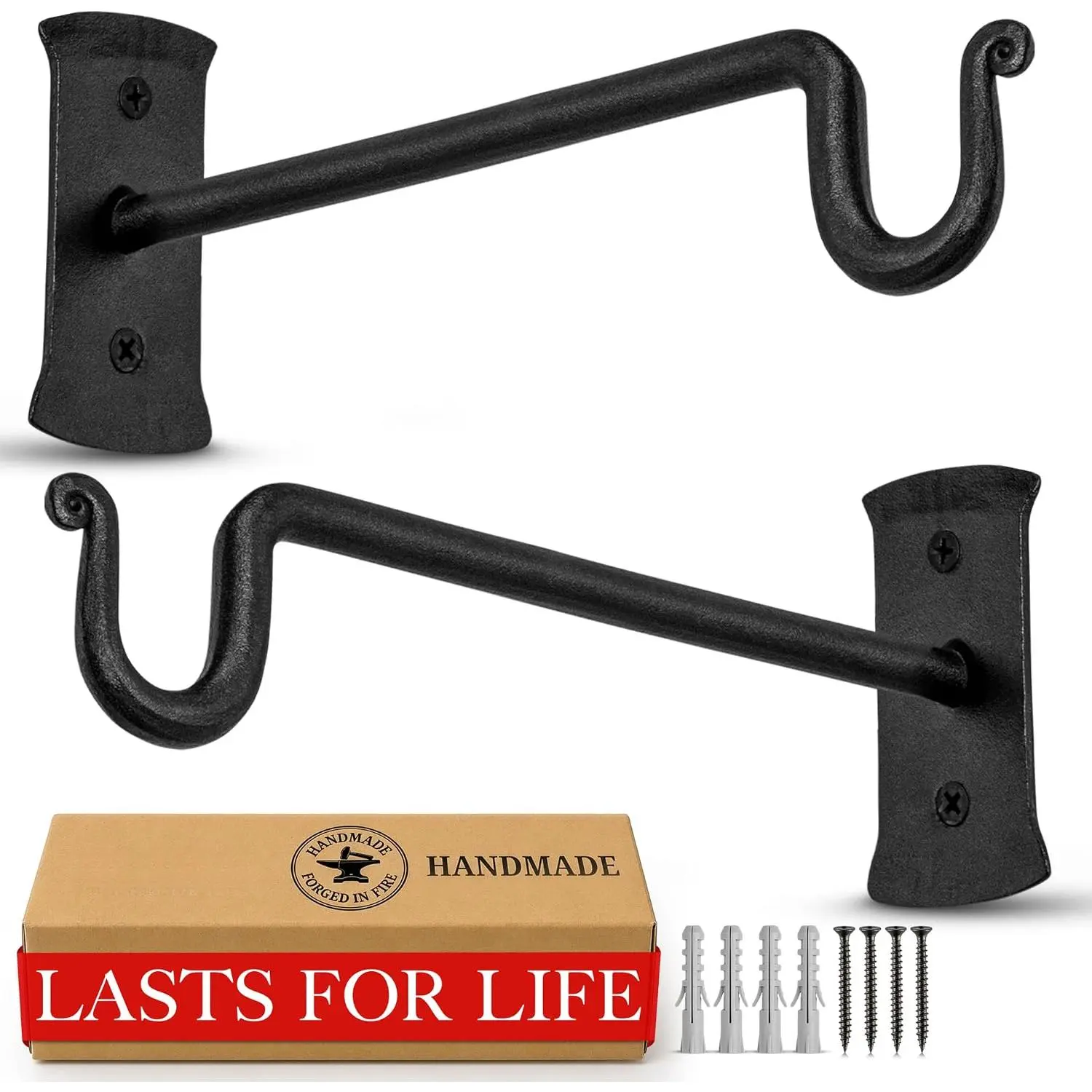 Plant Hangers Outdoor or Indoor - Wrought Iron Metal Hanger Indoor Hook - Heavy Duty Wall Bracket Hooks for Hanging Plants Baskets Lanterns Bird Feeders - 2 Pack (Black Shepherds Hooks 7.5")