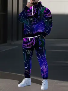 Men's Streetwear Hoodie Set, Loose-Fitting Long Sleeve Geometric Print, Casual Ankle-Length Pants, All-Seasons Wear, Two-Piece
