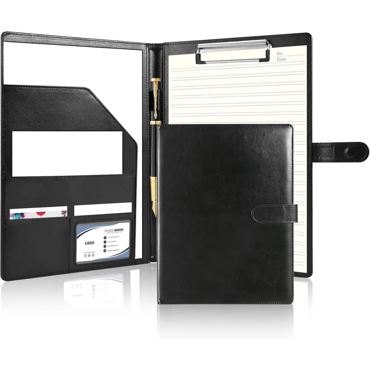 Professional Portfolio Binder with Clipboard, Faux Leather Padfolio Organizer for Resume, Interview Business Conference, Legal Pad Holder for A4 Letter Size Notepad with Multi-Pocket Storage (Black)