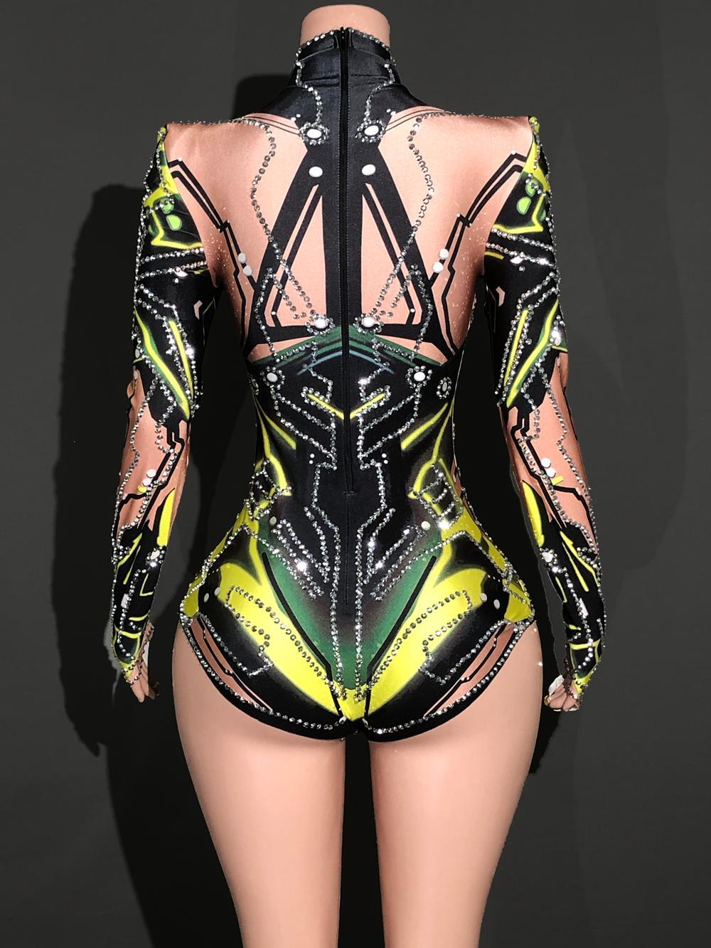 Sparkly Rhinestones Long Sleeve Bodysuit For Women Performance Dance Costume Singer Dancer Show Stage Wear Nightclub Outfit