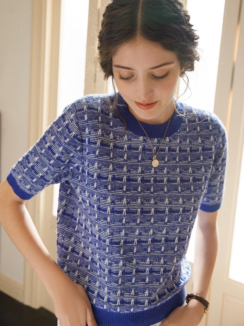 Women's French Knit Commuter Top, Knitted Sweater, Geometric Pattern Round Neck Short Sleeve Casual Loose Fit T-Shirt, Spring Summer Fashion