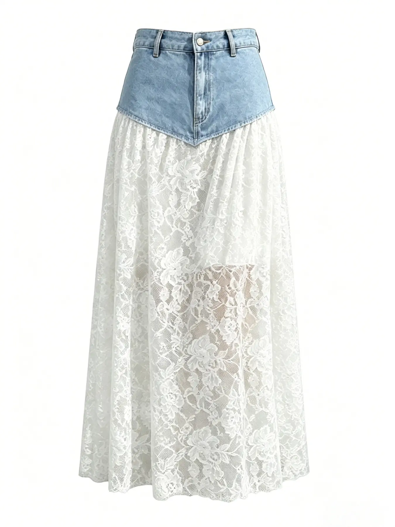 Y2K High Waist Floral Lace Midi Skirt, Feminine Irregular Denim Waist, Sheer Lace, Raw Edge Denim, Patchwork, Swing Maxi Skirt for Women
