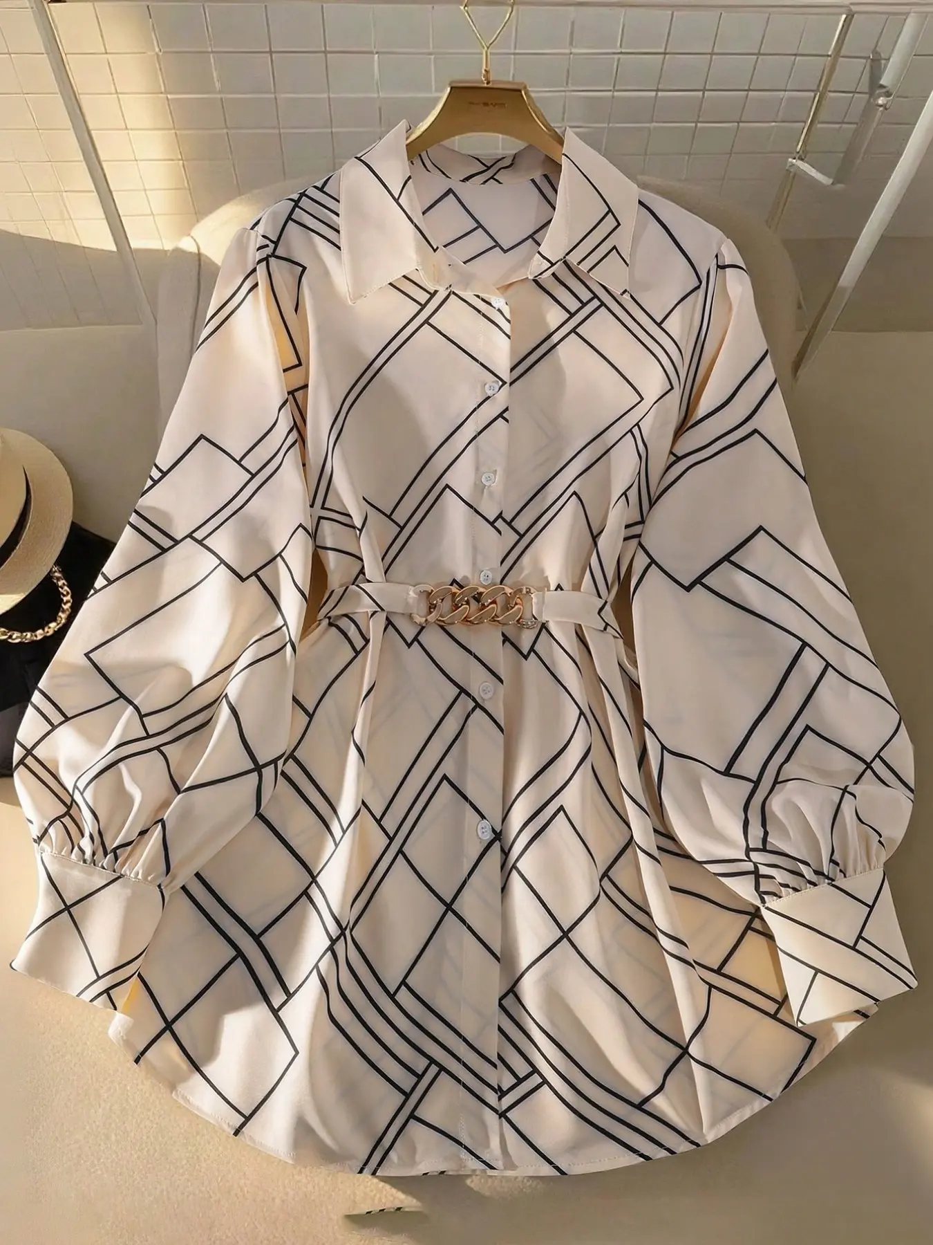 Geometric Line Waist High-Waist Shirt Dress, French Style Chic Office Wear, Chain Belt Slimming Lantern Long Sleeve, Daily Date Women's Clothing