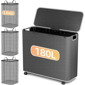 180L Laundry Basket With Lid and Removable 3 Bags, Large Rolling Laundry Hamper with Lid, 3 Section Rolling Clothes Storage With Wheels, Clothes Hamper with Wheels For Laundry Room, Black