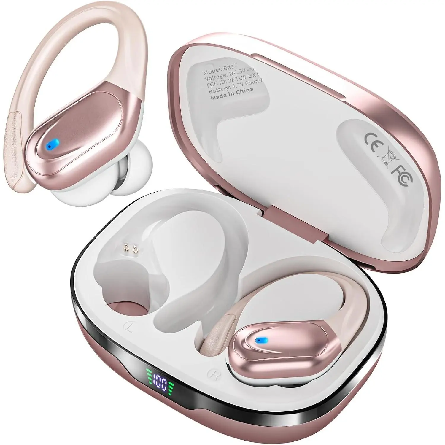 Portable Sports Bluetooth Headphones with LED Power Display, 80Hrs Playtime, IPX7 Waterproof Silicone Device for Workout, Noise Canceling Wireless Earbuds with Charging Cable, Rose Gold Gift, Ipx7 Water Resistant, Workout Running