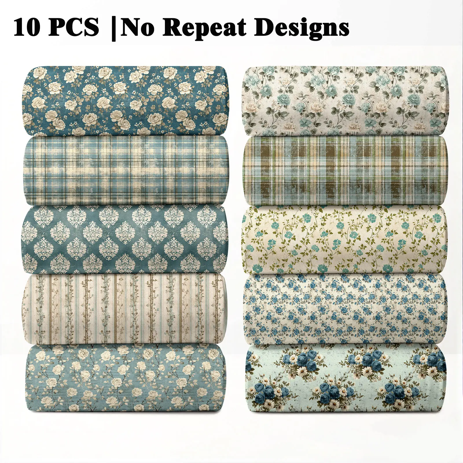 10PCS Dusty Blue Cottage Print Designs Fabric, 23x55cm (9x22in) Classic Vintage Cottage Pattern Plaid Quilting Home Decor DIY
