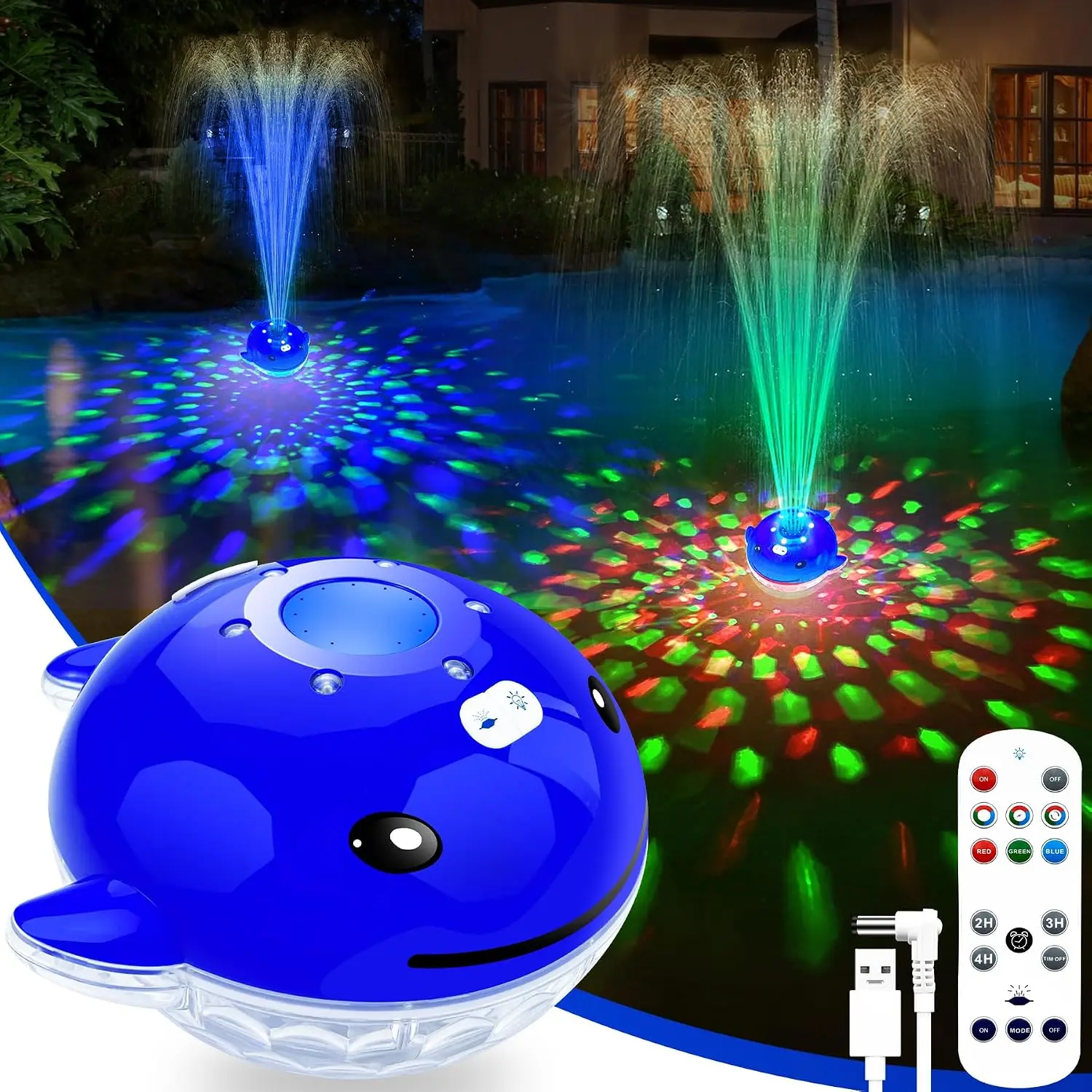 Floating Pool Fountain with Remote Control and LED Lights - Dolphin Shape Water Fountain for Above Ground and Inground Pools, Includes Anchor, 1PC, Blue