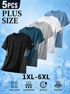 5-Pack Men's Plus Size Short Sleeve T-Shirts, 1xl-6xl, Lightweight Stretch Cool Summer Tops, Sporty Loose Fit, Moisture-Wicking
