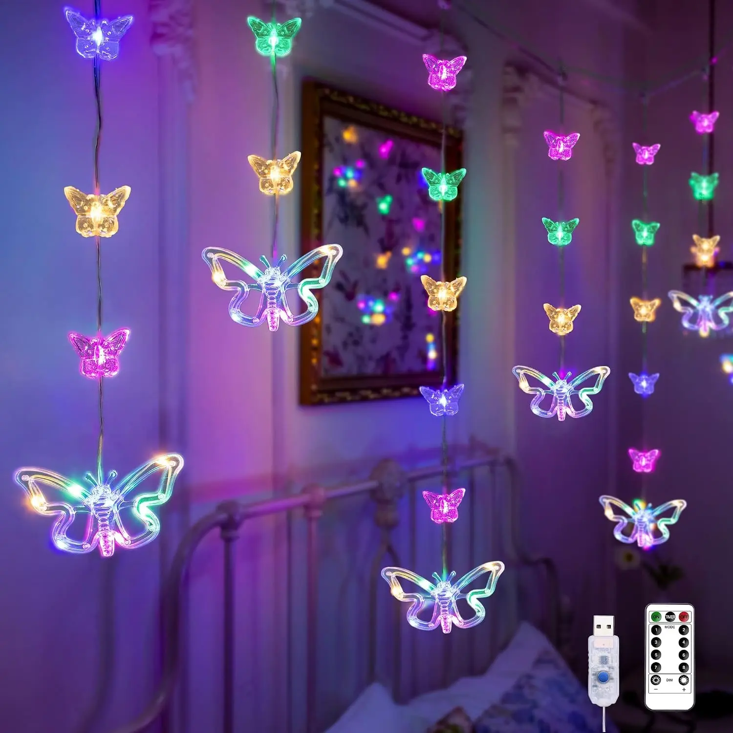Butterfly Curtain Lights for Bedroom 9.8ft LED Twinkle Fairy Light with Remote Timer Cute String Lights Wall Décor for  Girls Room Bed Canopy Wedding Easter Decoration (Multicolor)