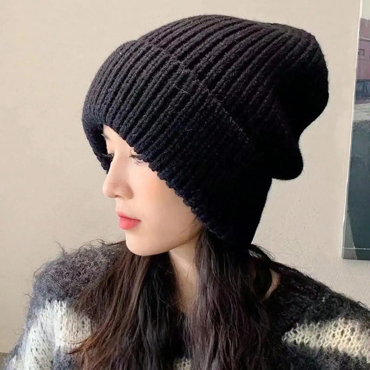 Women Style Solid Color Thick Knit Pile Hat, Knitted Hat for Fall and Winter, Warm and Ear Protection, Loose and Casual Cold Hat