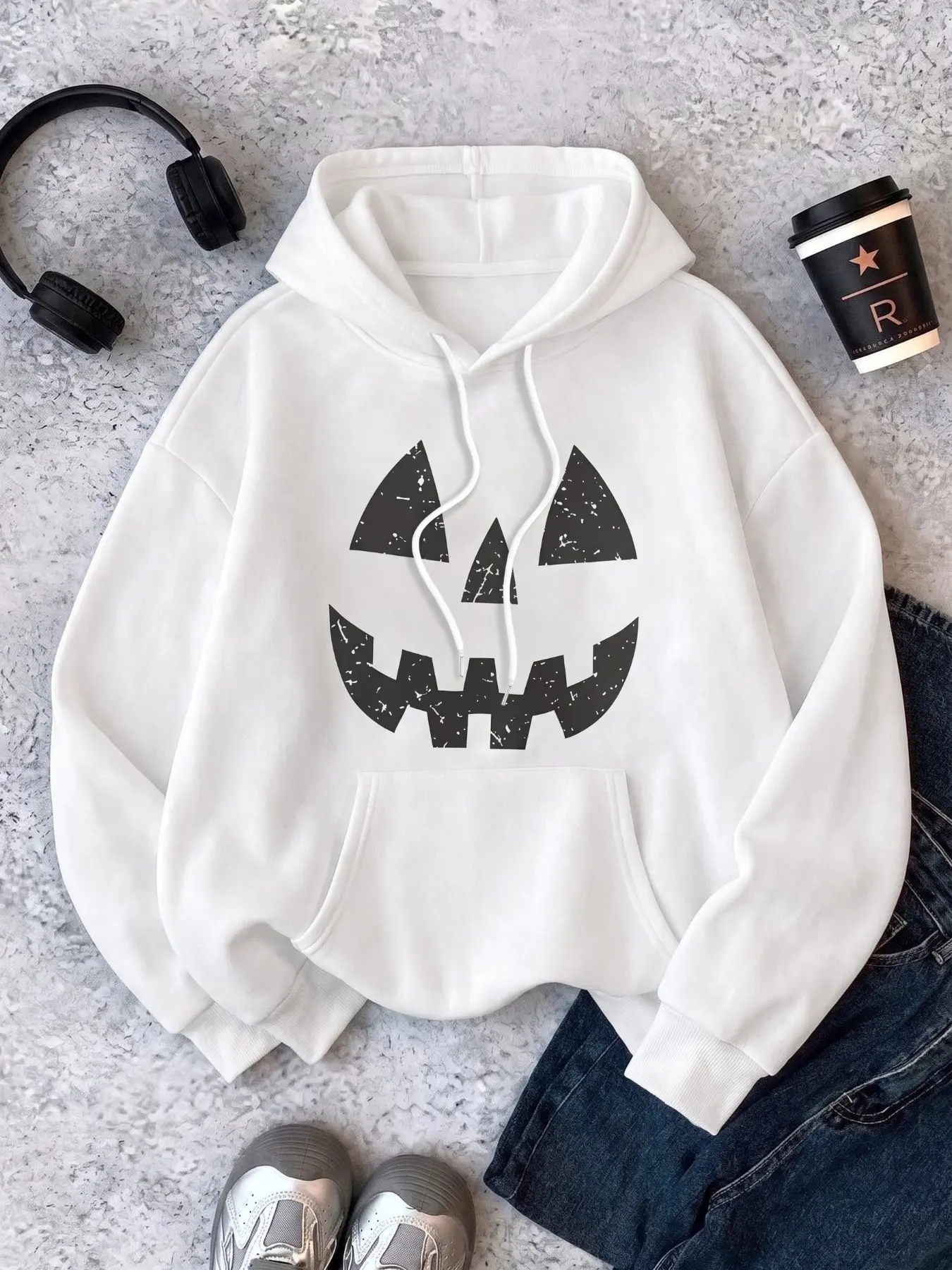 Women Oversized Halloween Hoodie, Distressed Jack O Lantern Pumpkin Face Graphic Drawstring Hooded Sweatshirt, Casual Long Sleeve Pullover with Kangaroo Pocket for Fall Halloween Party Daily Wear