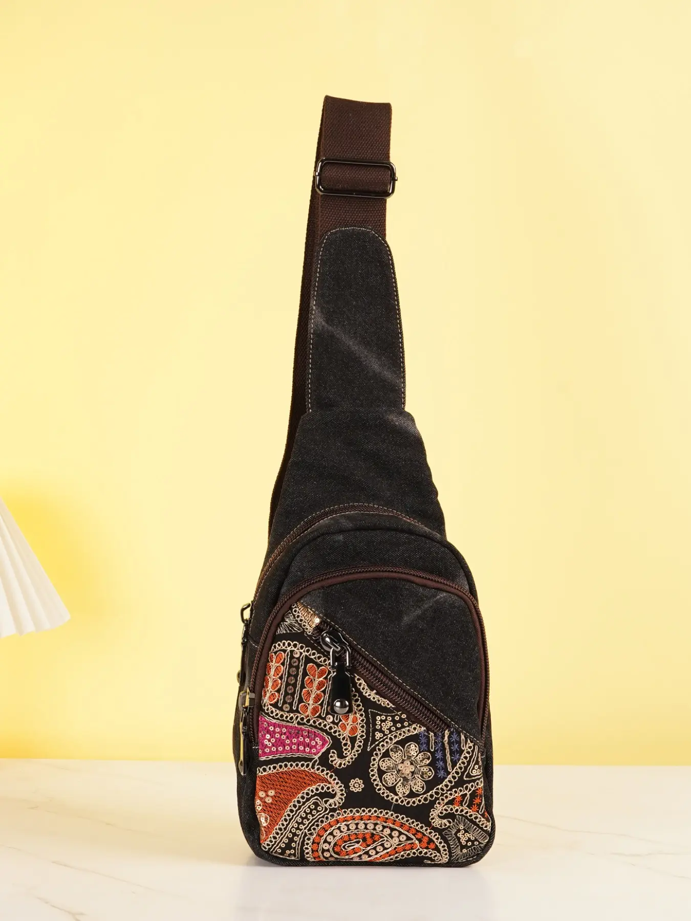 Bohemian Ethnic Style Vintage Beaded Sequin Chest Bag, Original Design Multi-Layer Crossbody Bag, Random Cut, Unique Personality